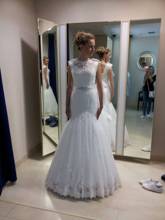 suknia ślubna rybka 164 +obcas Sposabella koronka biel