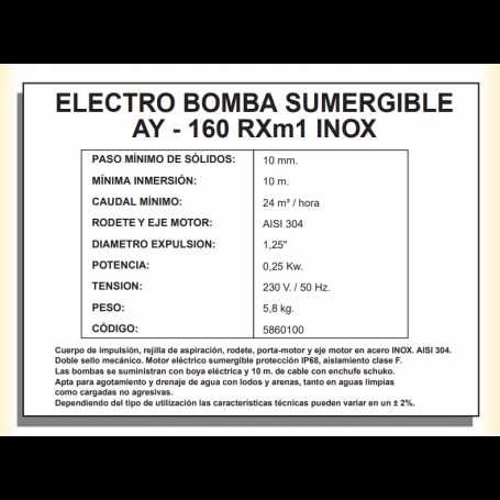 Bomba Eletrica Submersivel  AYERBE 160 RXM1 inox