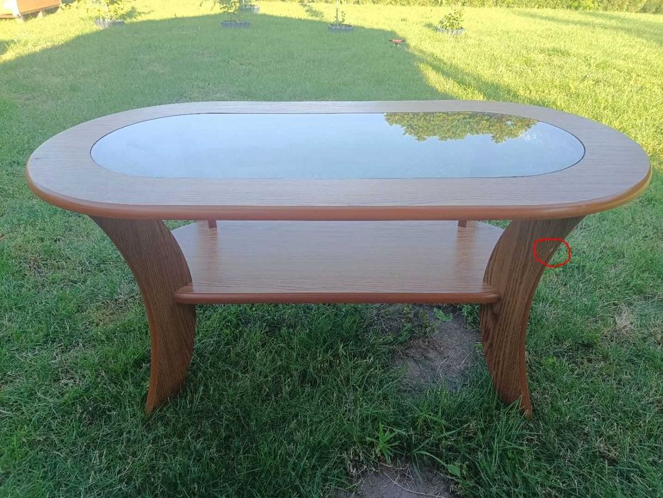 Ława owalna ze szkłem i półką do salonu, na taras lub na działkę