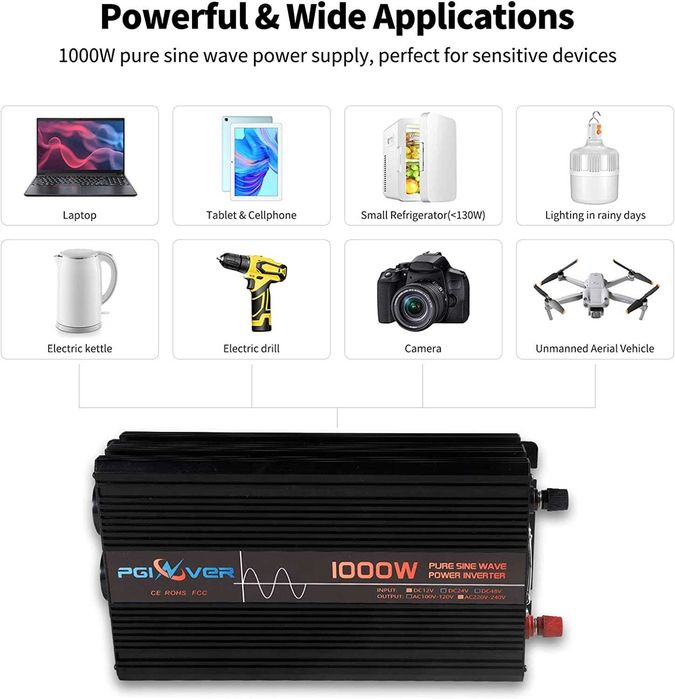 Новий Інвертор PGINVER 1000Вт/2000Вт чистий синус 12 В на 230 В