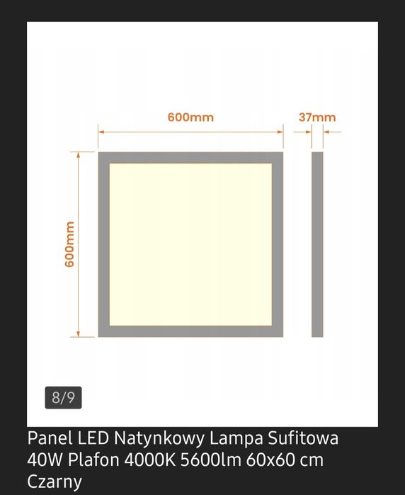 Plafon LED czarny kwadrat 60cm