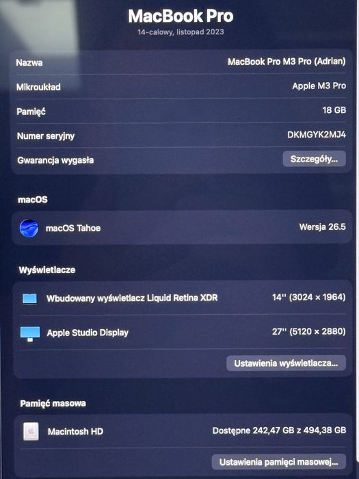Apple MacBook Pro 14 M3 Pro 18GB 512GB SSD 14C GPU – Gwiezdna Czerń (MRX33ZE/A)