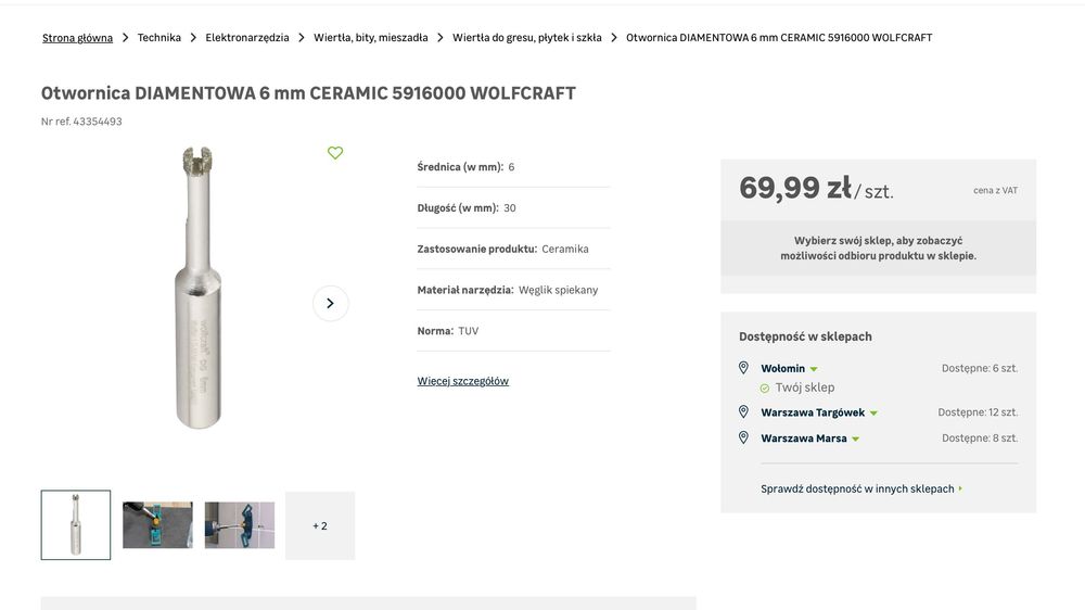 Otwornica DIAMENTOWA 6 mm CERAMIC WOLFCRAFT Wiertło do gresu