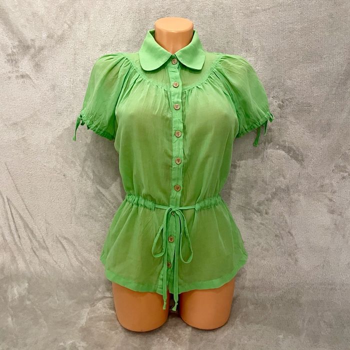 Przewiewna koszula bawełna bluzka zielona krótki rękaw wiązana