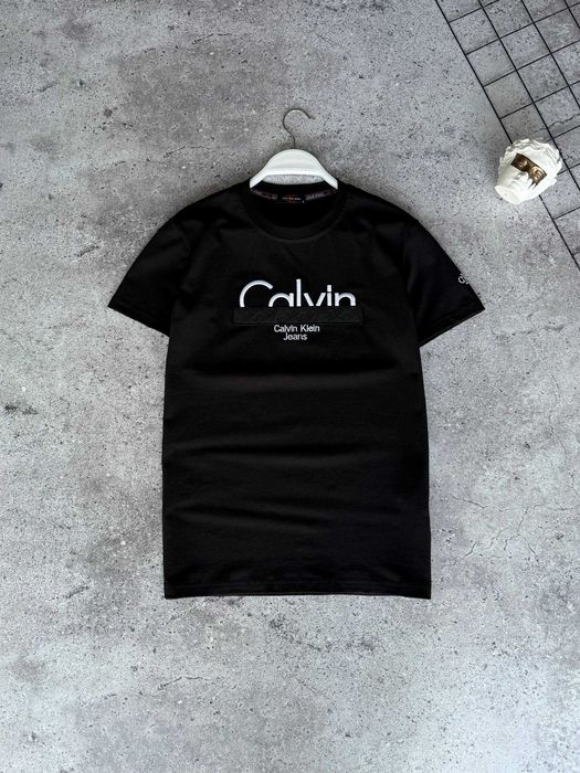 Чоловіча футболка Calvin Klein / Келвін Кляйн, бавовна, лого вишивка, чорна, Туреччина