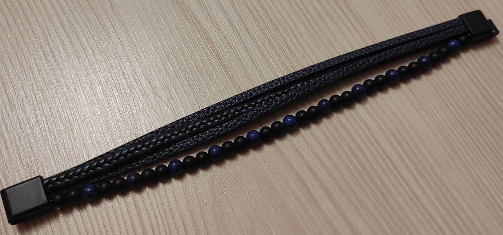 Męska bransoleta, plecionka z czarno-niebieskiej skóry oraz koralików