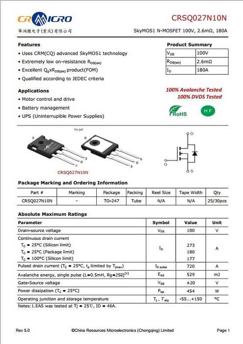 Оригінальні транзистор CRSQ027N10N N-MOSFET 100V, 180A, 454W, 2.6mΩ