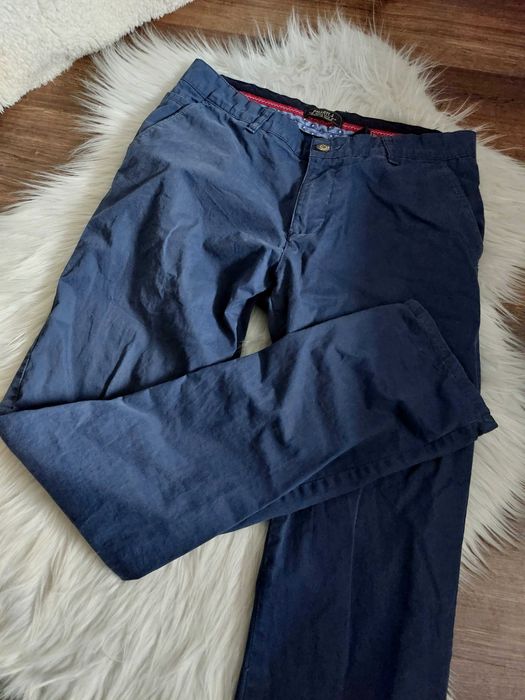 spodnie garnitur eleganckie m l niebieskie granatowe materiałowe