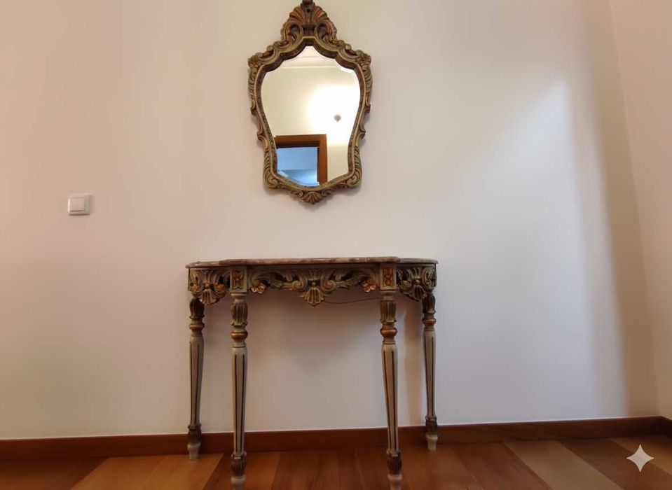 Conjunto Consola/Credência em Mármore e Espelho em Madeira Maciça