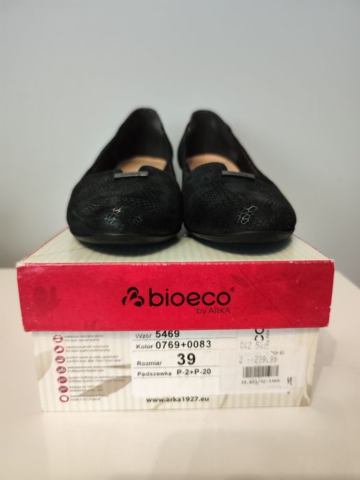 Skórzane czółenka buty na klocku bioeco czarne jak nowe obcas 4.5 cm