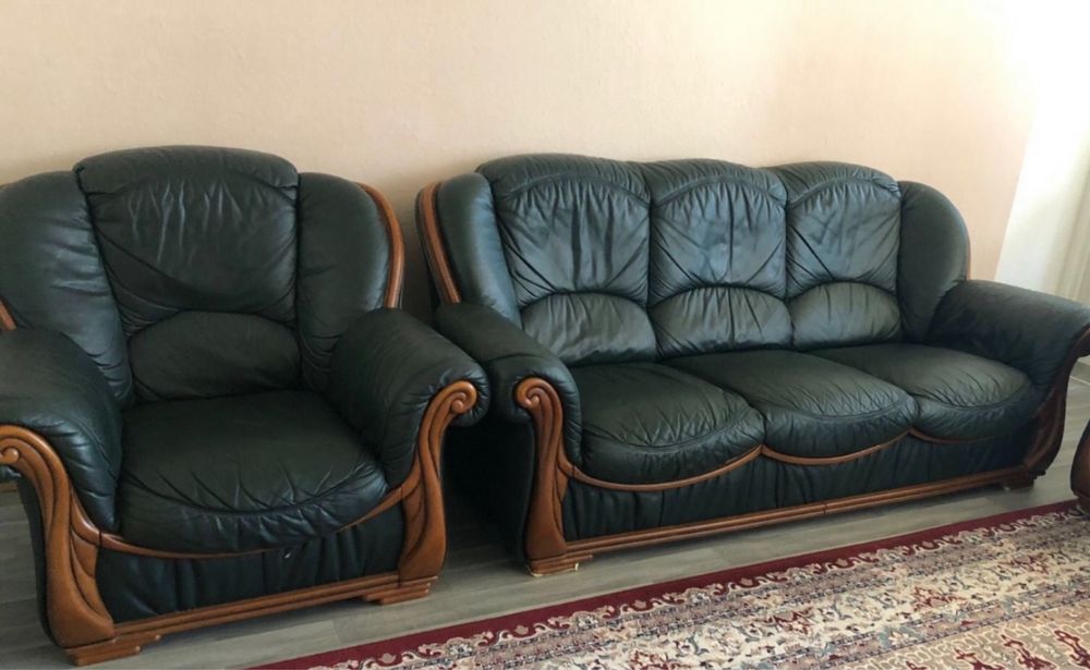 Диван шкіряний і крісло з деревом з Швейцарії