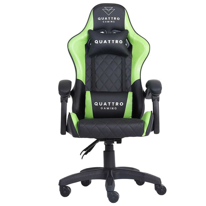 Fotel gamingowy Quattro Carbon – Wyrazista zieleń, wykończenie premium, wysuwany podnóżek i komfort klasy biznes do biura i domu.