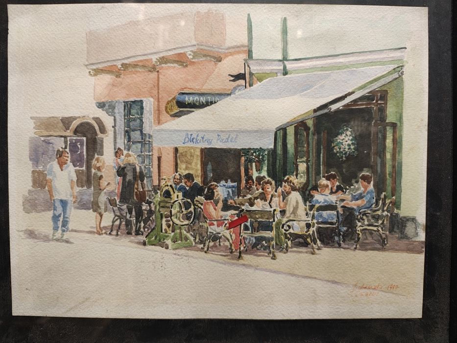 Piękna akwarela Sopot Błękitny Pudel rok 1999 L. Bukowski