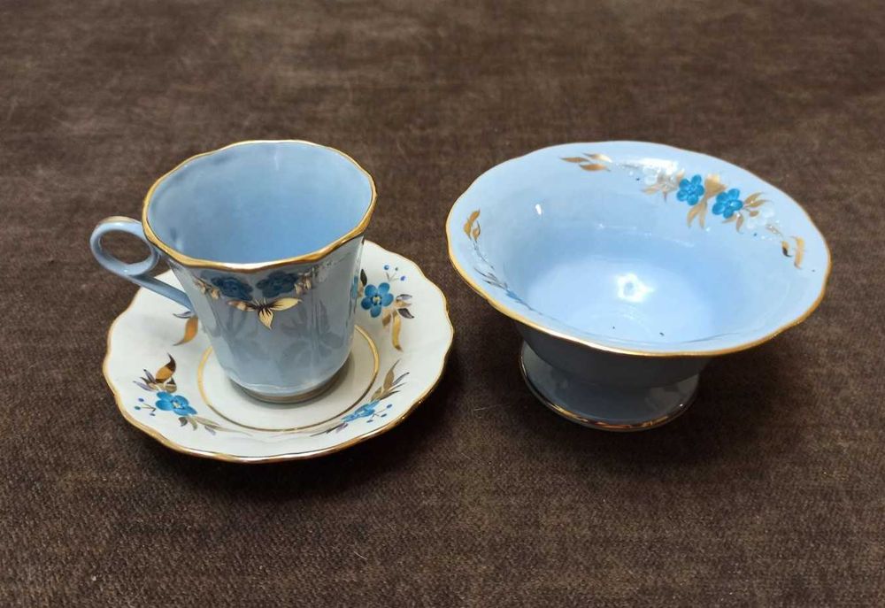 Ексклюзивний кавовий сервіз з тонкого блакитного фарфору з позолотою