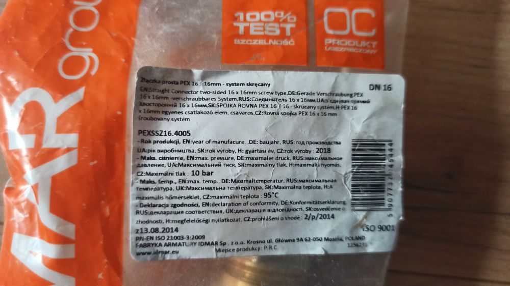 IDMAR  złączka prosta PEX 16  16 - system skręcany