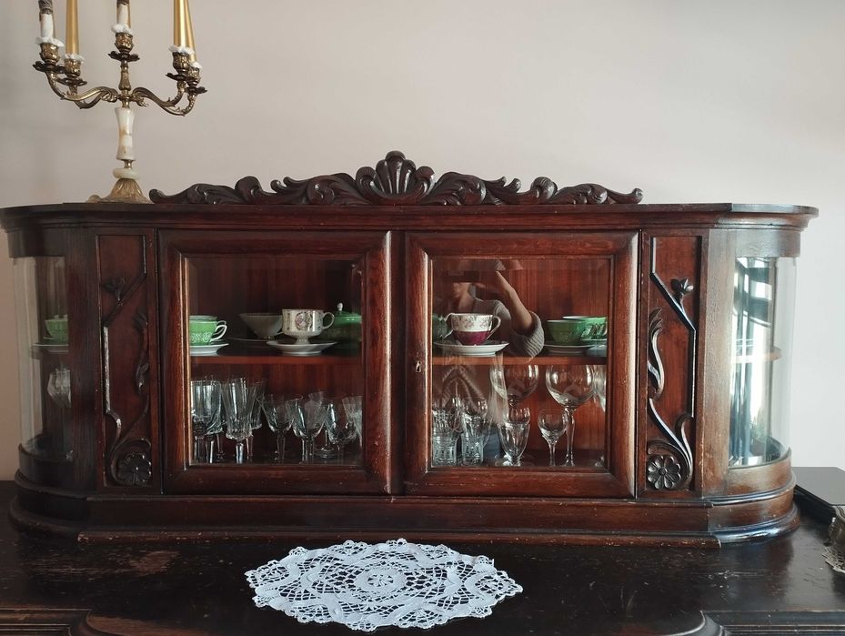 Antyczny kredens dębowy XIX/XX w. - gięte szyby ANTYK