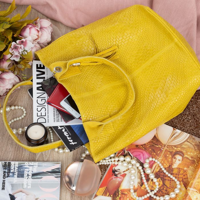 VERA PELLE torebka skórzana shopper przeplatana z saszetką V521 żółta