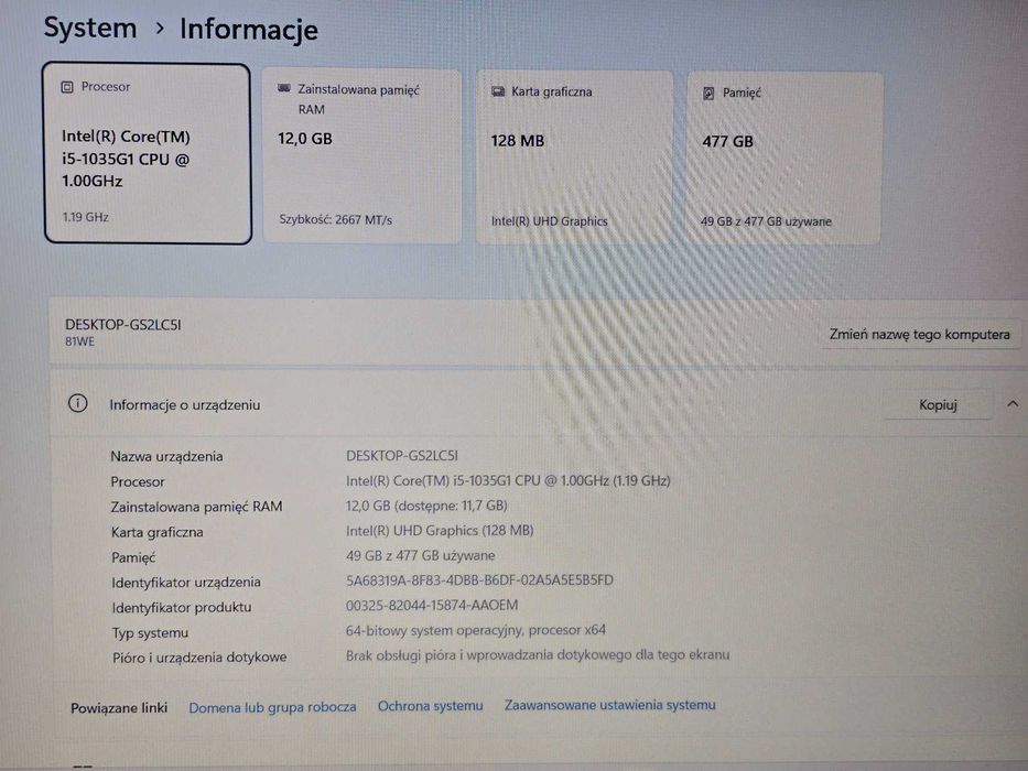 Lenovo Ideapad 3-15IK05 / i5-1035G1 1.0GHz / 12GB 3200MHz DDR4 / 512GB M2 / 15.6" FHD IPS 60Hz / Grade A / GW 12 miesięcy