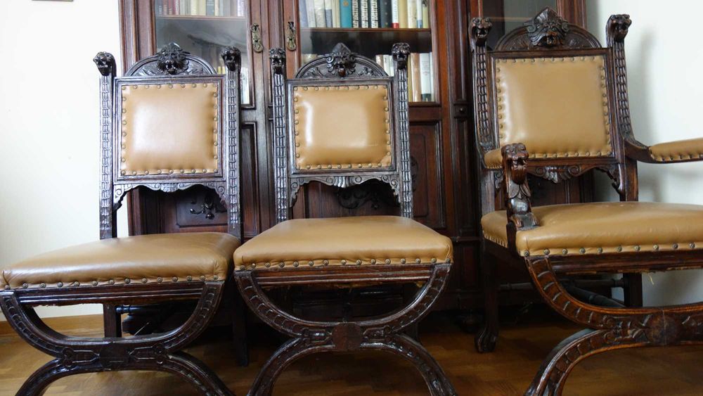 Fotel i dwa krzesła gdańskie oryginalne, piękne zdobienia, komplet