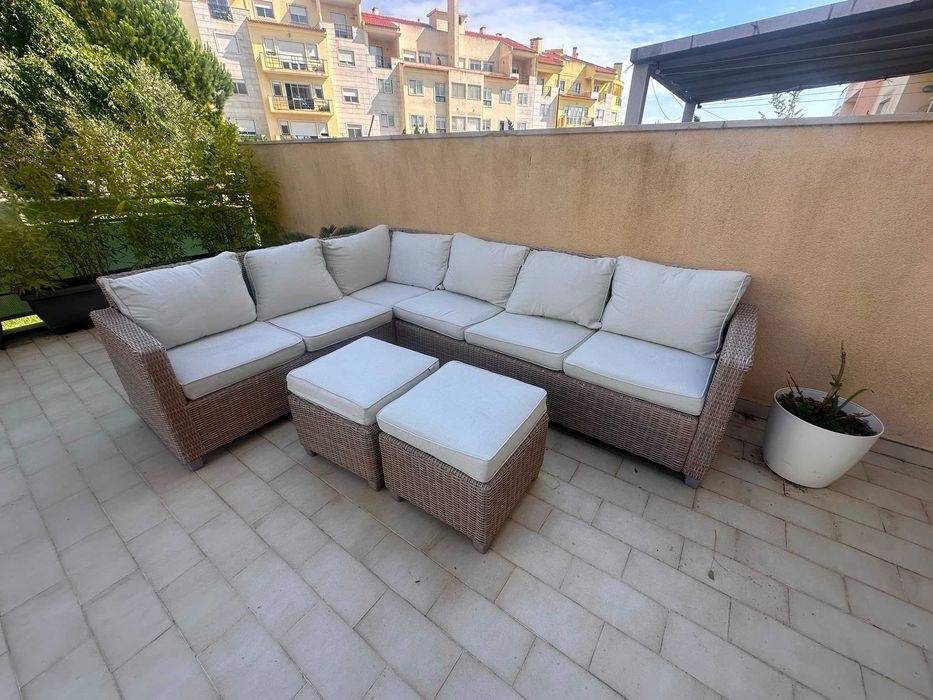 Conjunto jardim relax sofá de canto, 2 bancos e mesa bege 7 pessoas Medena Naterial