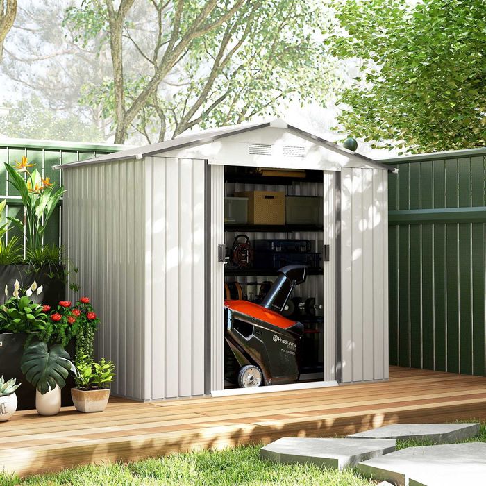 Abrigo de Jardim Metálico 213x130x185 cm Branco e Cinzento