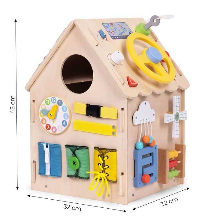 Drewniany domek manipulacyjny dla dzieci panel edukacyjny XXL 30 ele