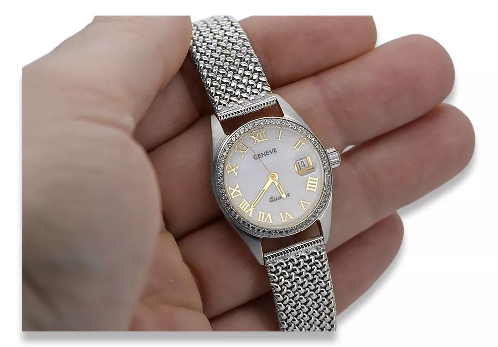 Zegarek damski z białego złota 14k 585 Geneve lw078wdpr&lbw003w-Perłow