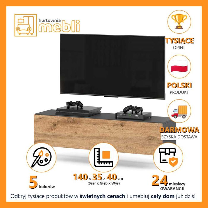Szafka RTV Wisząca Pod Telewizor Nowoczesna 140cm Do Salonu Sypialni