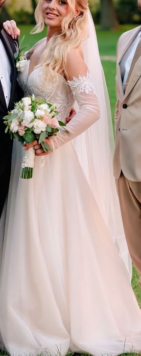 Suknia ślubna z rękawkami błyszcząca gorsetowa rozmiar S/ 170cm+9cm