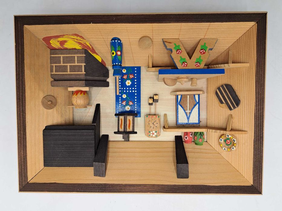 Domek dla lalek drewniany obraz 3 D wnętrze chaty wiejskiej góralskiej