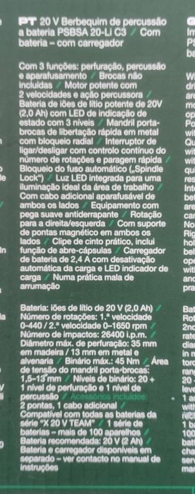 Aparafusadora / berbequim de percussão a bateria Parkside 20v