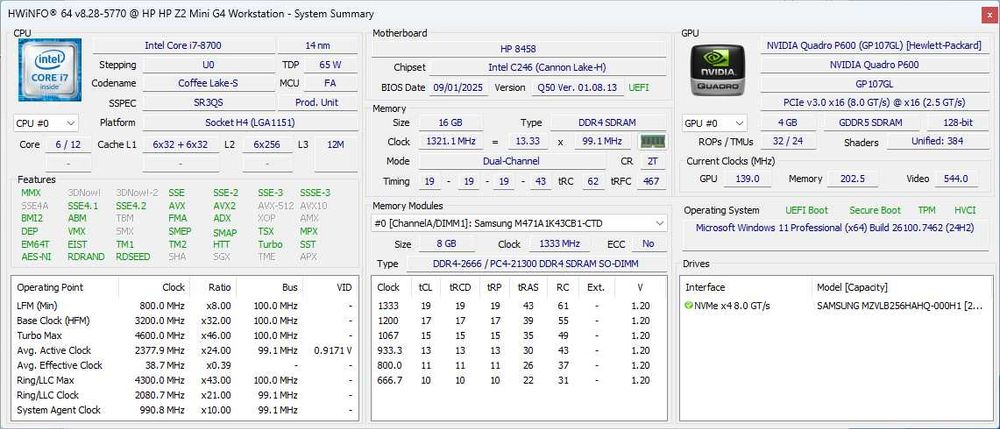 ПК HP Z2 Mini G4 (i7-8700/16Gb/256-SSD/P600/WiFi)