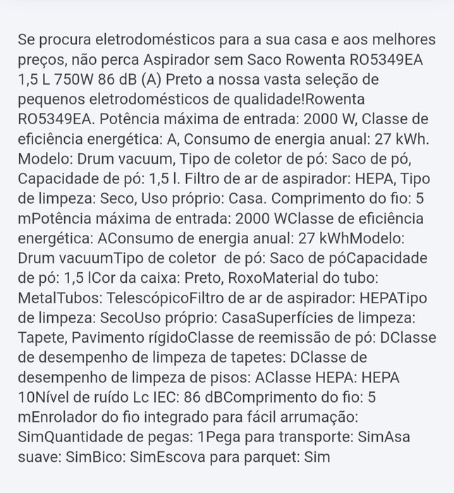 Aspirador Rowenta sem saco usado mas em pleno funcionamento