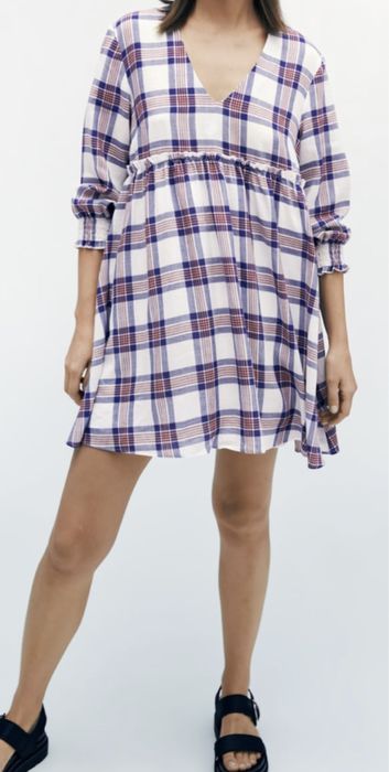 Sukienka Zara mini w kratę niebiesko biała