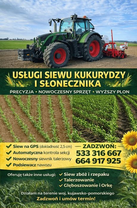 Usługi rolnicze Sianie kukurydzy Sadzenie ziemniaków  Orka uprawa