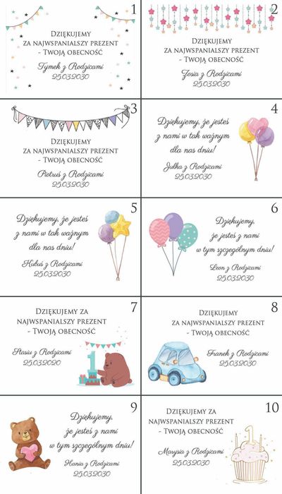Bileciki do podziękowań dla gości chrzest, roczek, urodziny, komunia