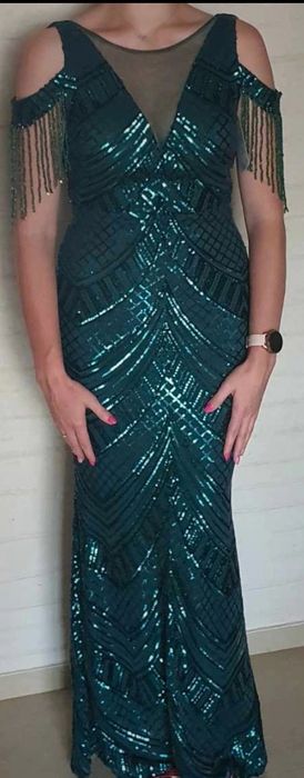 Sukienka maxi cekinowa z kamykami ciemna zieleń Olivie r.38