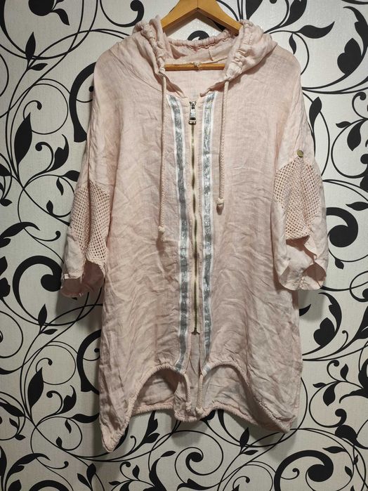 Жіноча туніка-кофта оверсайз 3xl–5xl — льон, капюшон, блискітки