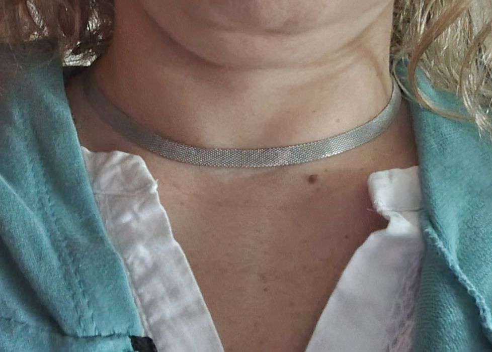 Colar/gargantilha prateada, em aço, com extensor.