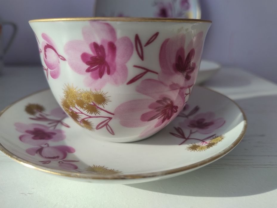 Колекційна чайна пара  ЛФЗ + 2 блюдця, ручний розпис, сервіз Сакура