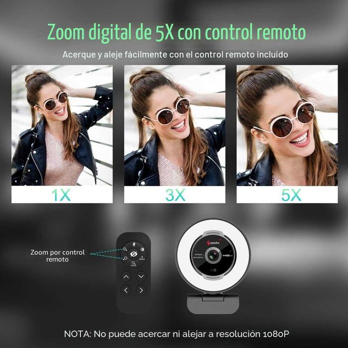 Angetube Streaming Webcam com microfone - Webcam USB 1080P 60FPS com luz de anel e controlo remoto - câmara Web HD com zoom digital 5X