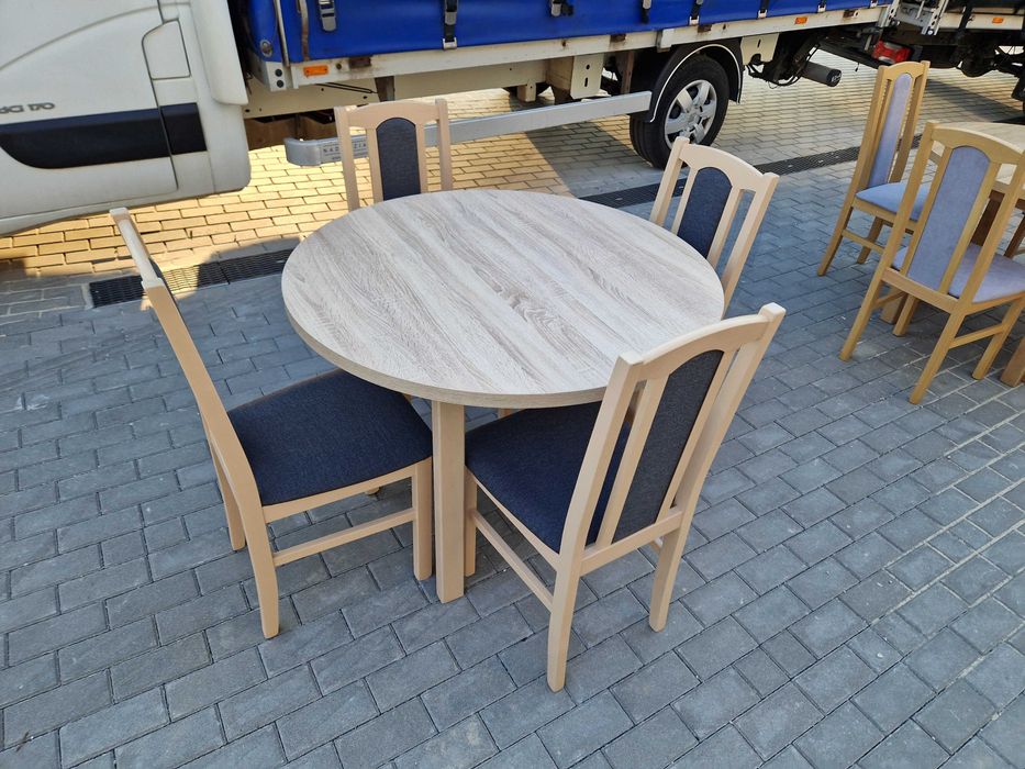 Stół okrągły rozkładany + 4 krzesła , sonoma + grafit , NOWE - OD RĘKI