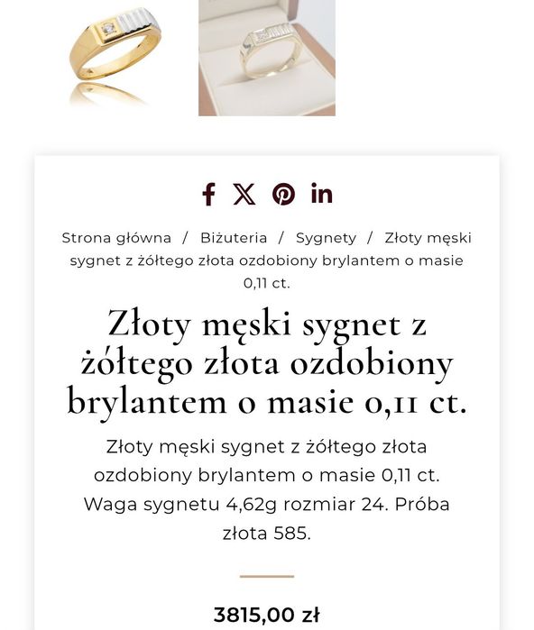 Złoty męski sygnet ozdobiony brylantem 0,13 ct