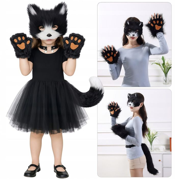 KOSTIUM futrzasty maska ogon łapki czarny cosplay