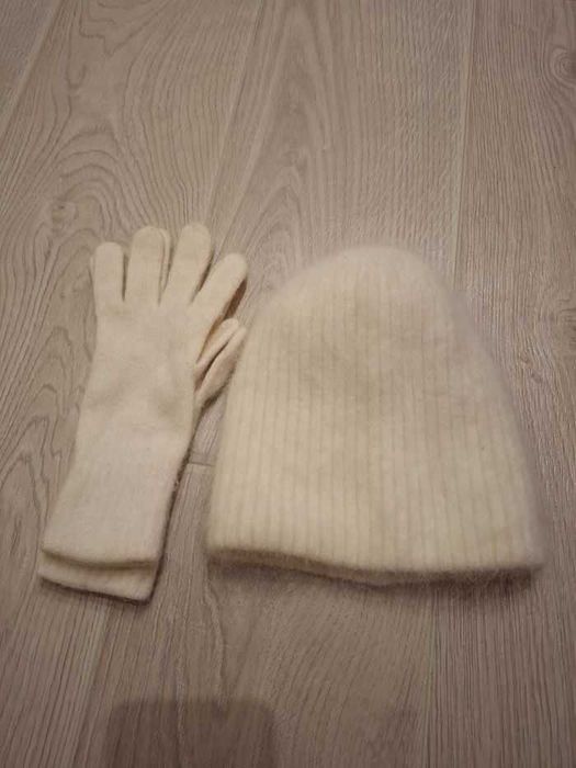 Біла шапка та рукавиці, ангора, набір зимовий теплий