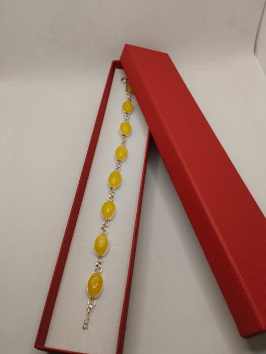 Srebrna bransoletka z mlecznym bursztynem, próba 925, długość 18-21 cm