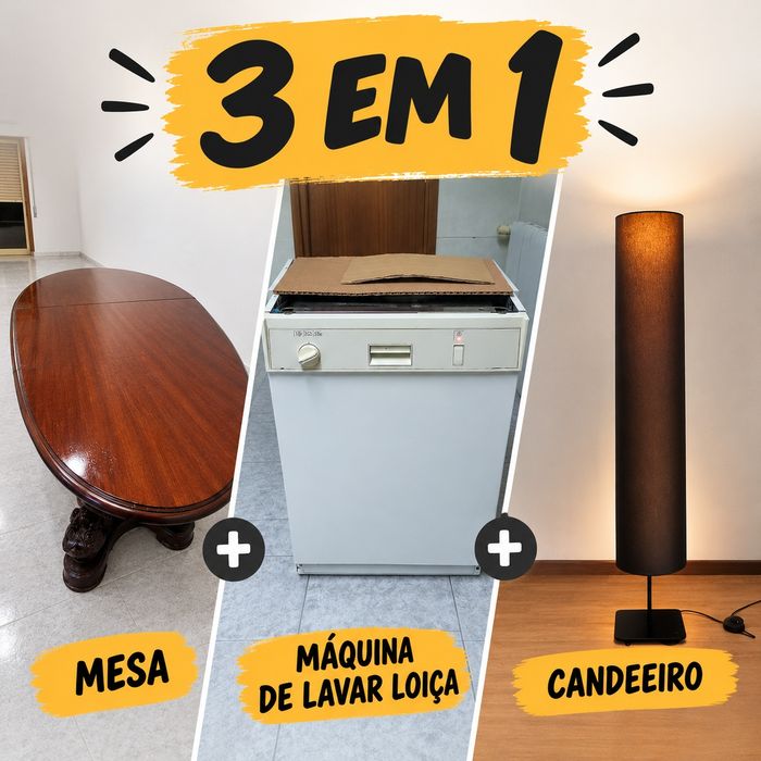 3 em 1 mesa de jantar extensível de madeira, máquina de lavar loiça antiga e candeeiro