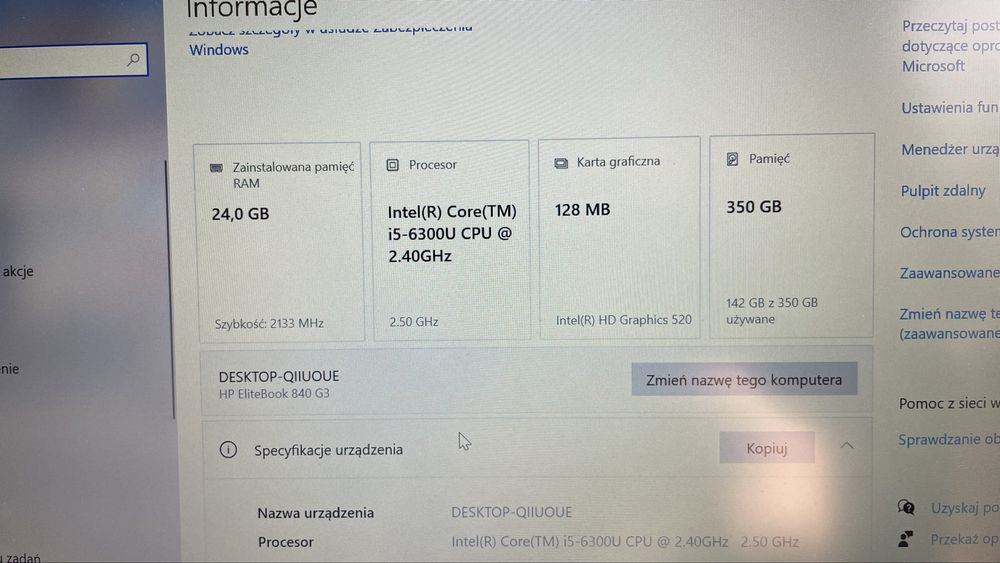 Laptop HP Elitebook 840 G3 24GB ssd 340GB