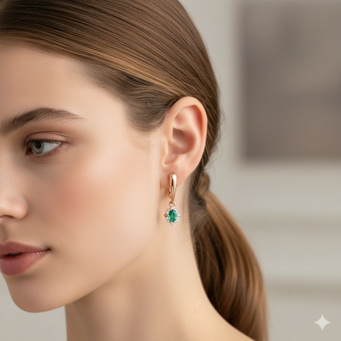 Золотые серьги изумруд бриллианты 585 проба