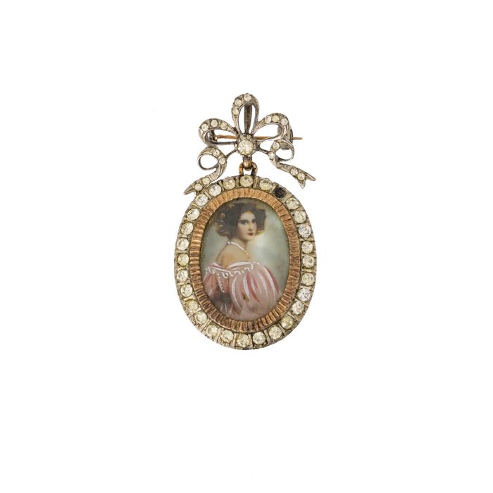 Joias - Pregadeira com miniatura em prata e ouro - Século XIX